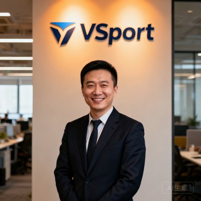 VSport创始人张磊的商务肖像照，穿着深色西装面带微笑站在公司logo墙前，背景可见开放式办公区