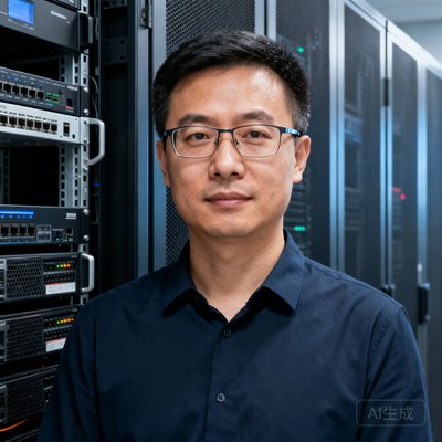 技术副总裁陈伟的半身照，戴着眼镜的男性技术专家站在服务器机房前，身后是整齐排列的机柜设备