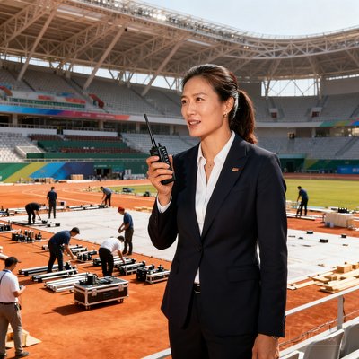 赛事执行总监李娜的工作照，女性体育管理专家手持对讲机站在大型体育场馆内场，身后是正在布置的赛事场地