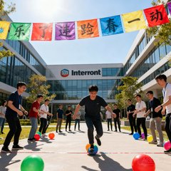 某知名互联网科技企业园区运动会场景照片，员工们在彩色横幅下参与趣味竞赛
